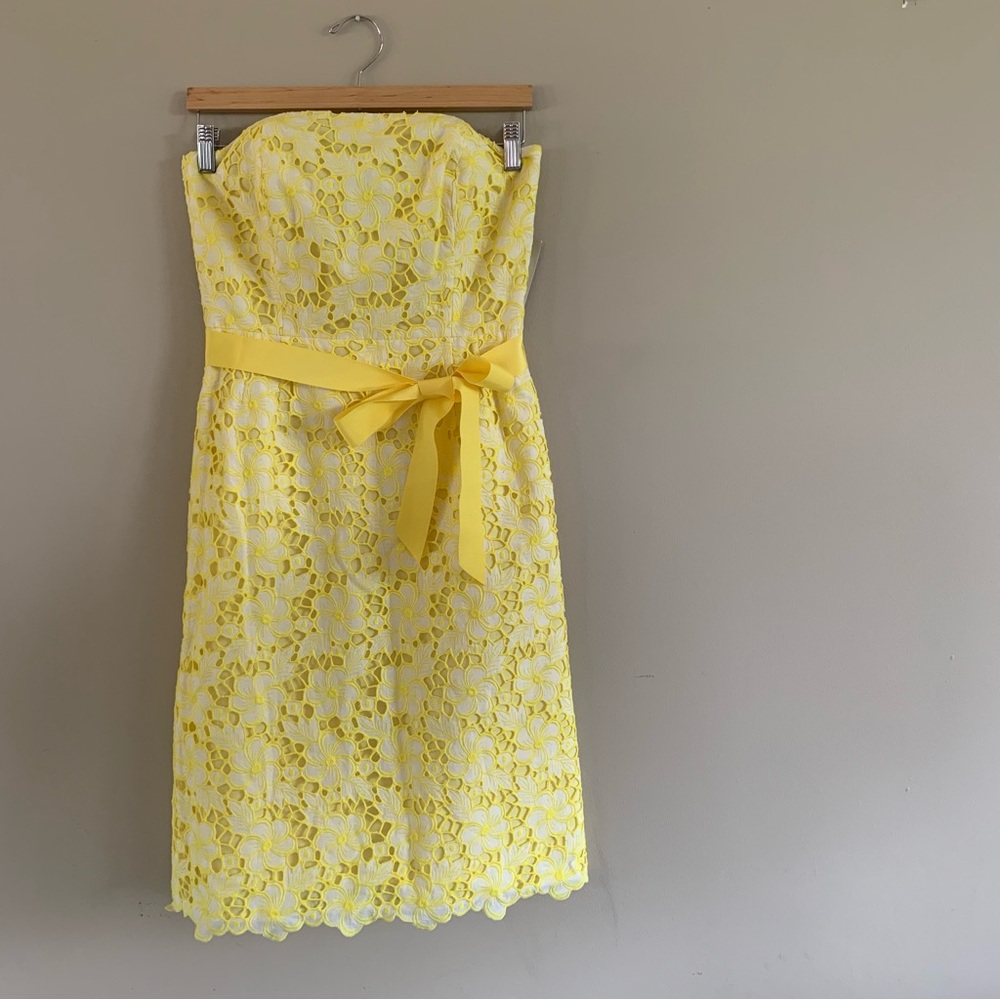 Lilly Pulitzer Strapless Yellow Lace Dress with Tie Belt